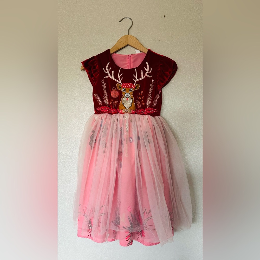 Like New Pink and Red embroidered  Reindeer dress 8-9y